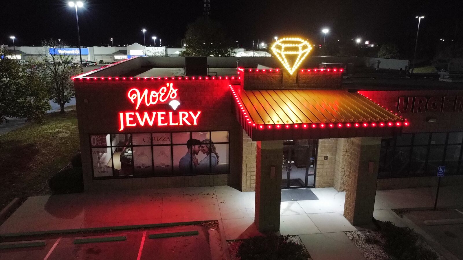 Aerial drone view of residential Christmas light installation